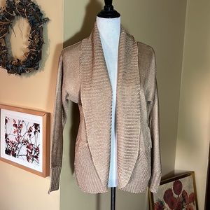 Vtg CACHE Size Medium Shawl Collar Rounded Hem Open-front Gold Metallic Lurex